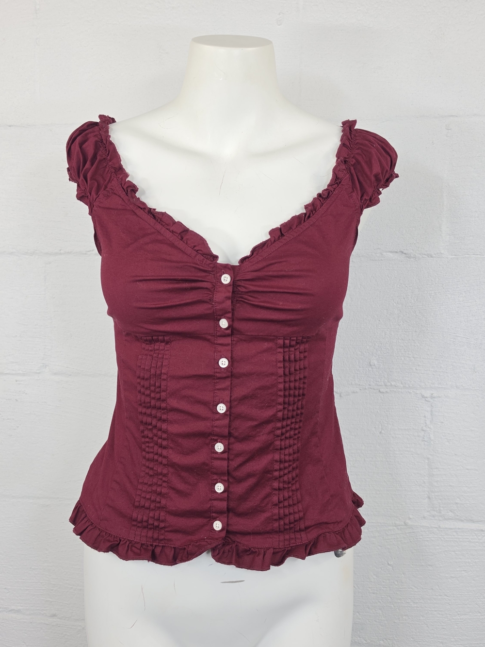 Brandy Melville J.Galt Burgundy Ruffle Button-Front Top